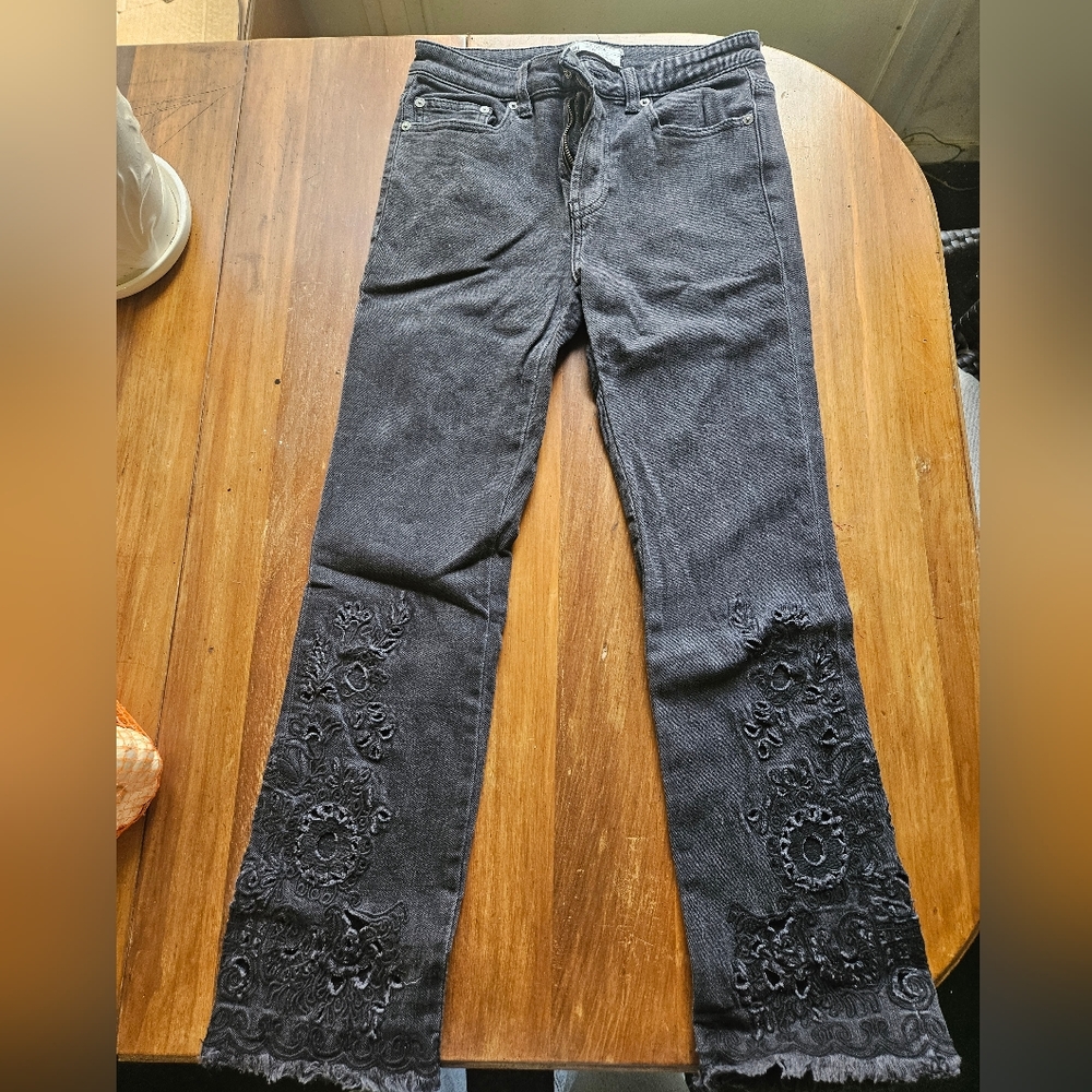 Free People Black Embroidered Straight Leg Denim - Size 26